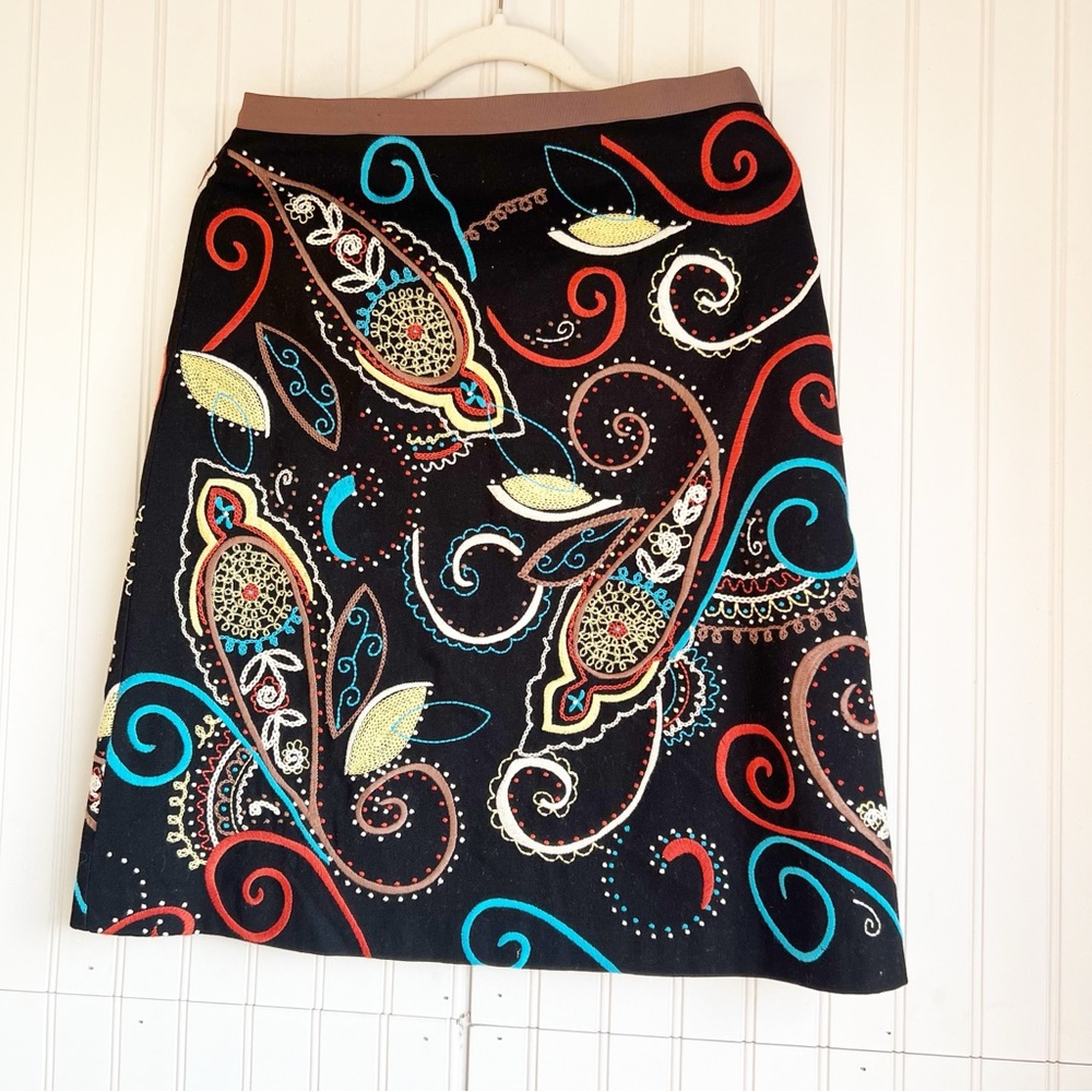 Boden Black Paisley A-Line Skirt with Teal, Red & Gold Accents